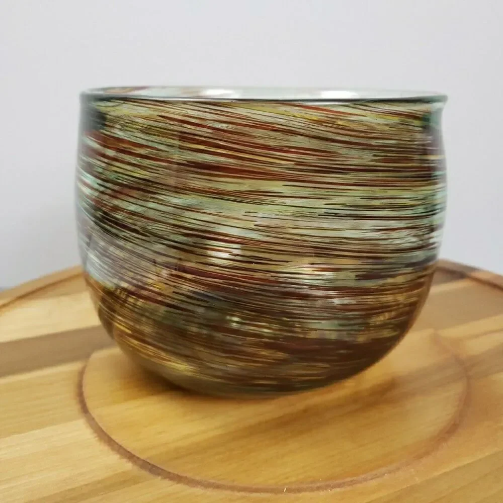 David Kolasky Signed Studio Blown Art Glass Vase Brown & Multi Swirls Bowl